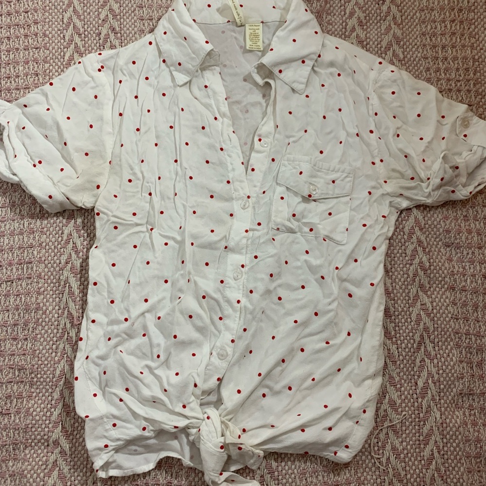 White and Red Polka Dot Button Up